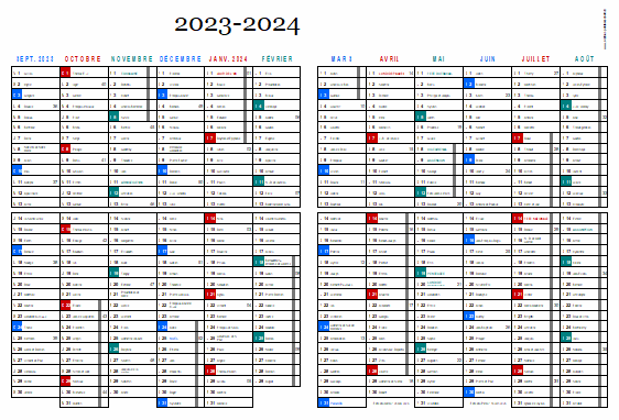Calendrier annuel de licence 2024, agenda annuel, feuille de